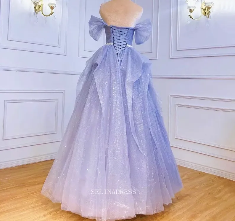 Chic A-line Off Shoulder Bule Long Prom Dresses Long Evening Dress Formal Dresses POL012