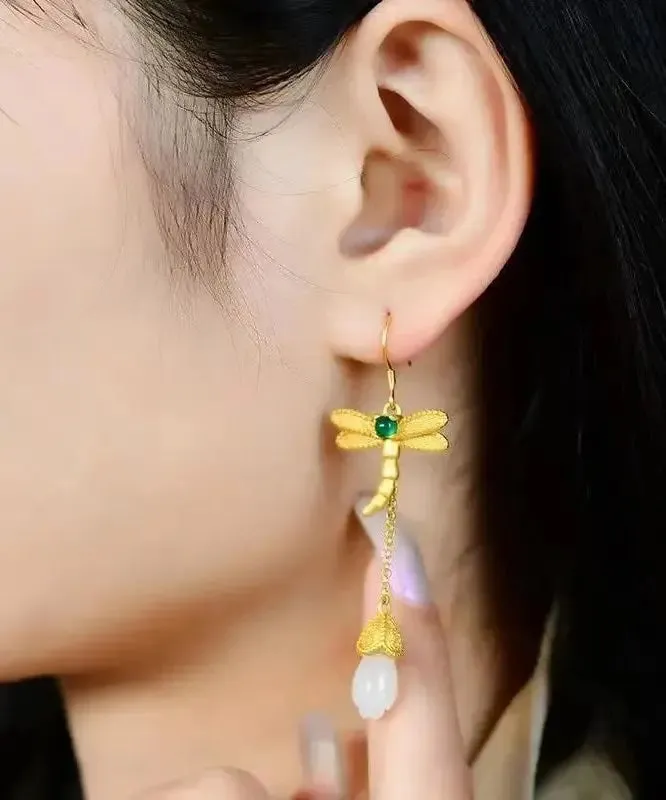 Chic Gold Sterling Silver Overgild Inlaid Jade Tassel Dragonfly Drop Earrings LY8546