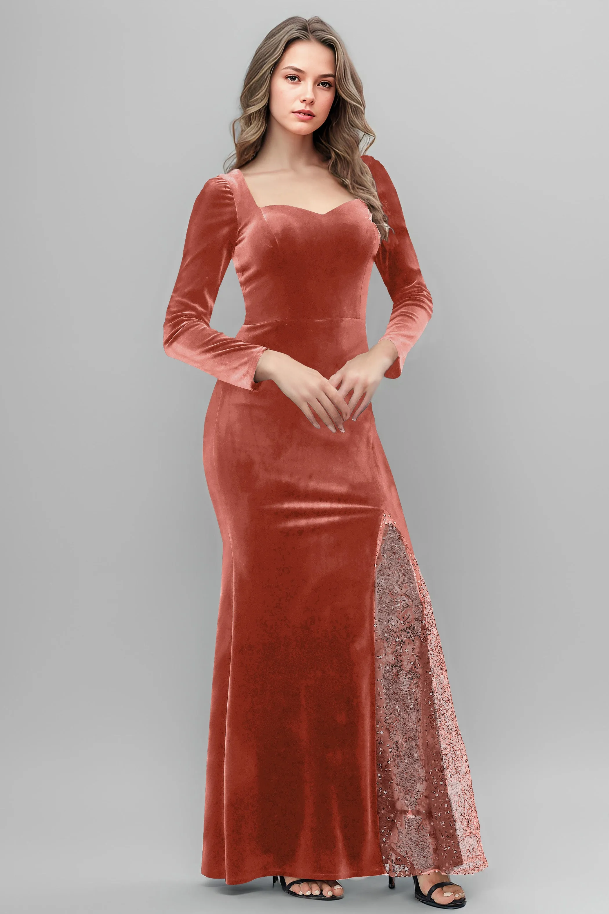 Chic Patchwork Sequin Lace Sweetheart Velvet Bridesmaid Dresses
