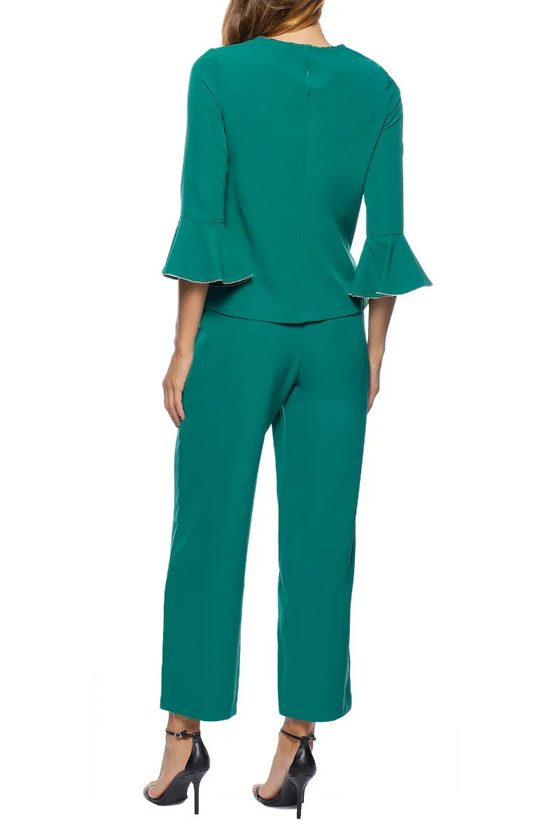 Marina Embellished Boat Neck Circular Sleeve Keyhole Back Stretch Crepe Top with Elastic Mid Waist Pant (2 Piece Set)